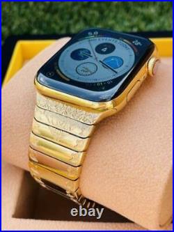 CUSTOM 24K Gold Plated 45MM Apple Watch SERIES 8 ENGRAVED POLISHED Band LTE GPS