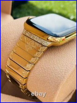 CUSTOM 24K Gold Plated 45MM Apple Watch SERIES 8 ENGRAVED POLISHED Band LTE GPS